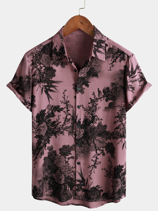 Men's Summer Hawaiian Bamboo Floral Button-Up Short Sleeve Shirt in Pink