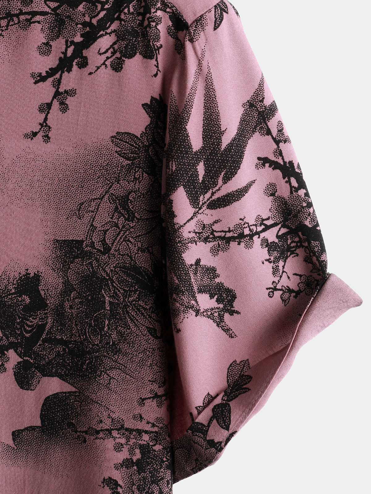 Men's Summer Hawaiian Bamboo Floral Button-Up Short Sleeve Shirt in Pink