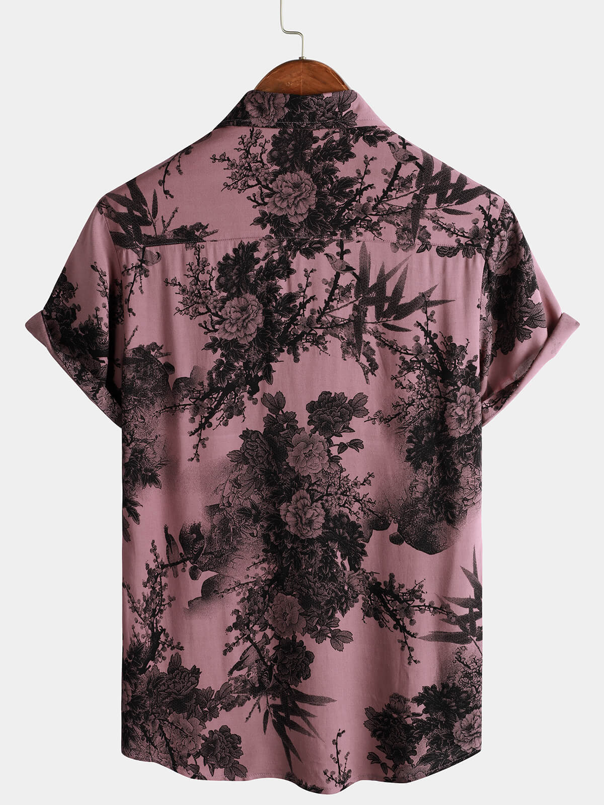 Men's Summer Hawaiian Bamboo Floral Button-Up Short Sleeve Shirt in Pink