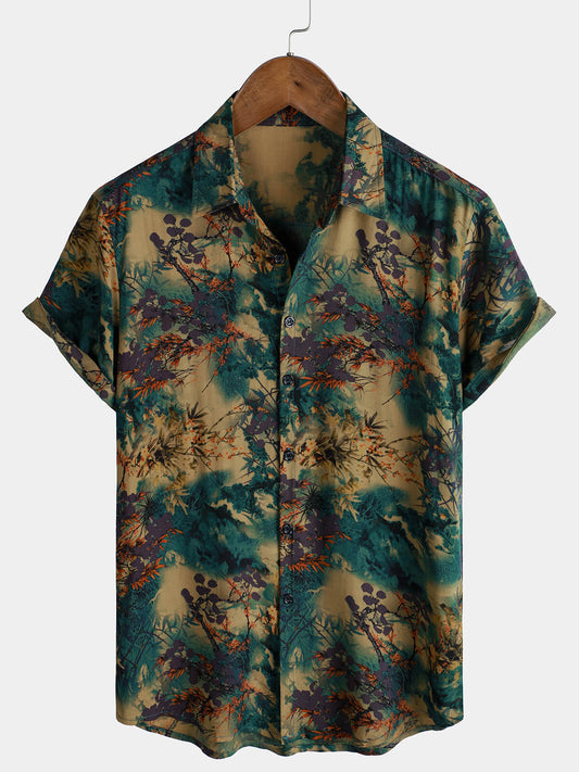 Men's Short Sleeve Summer Rayon Shirt, Retro Floral Pattern