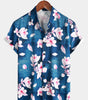 Men's Summer Button-Up Floral Print Shirt, Casual Collar, Navy Blue, Short Sleeves