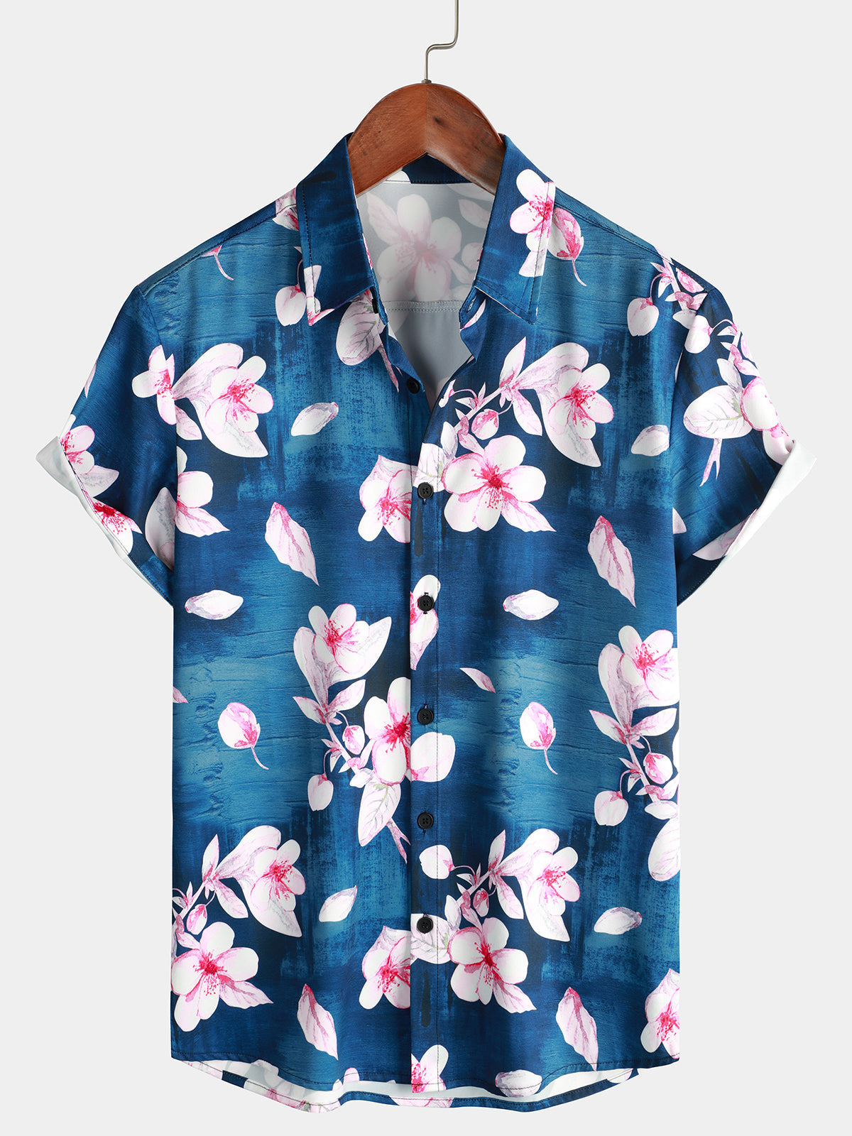 Men's Summer Button-Up Floral Print Shirt, Casual Collar, Navy Blue, Short Sleeves