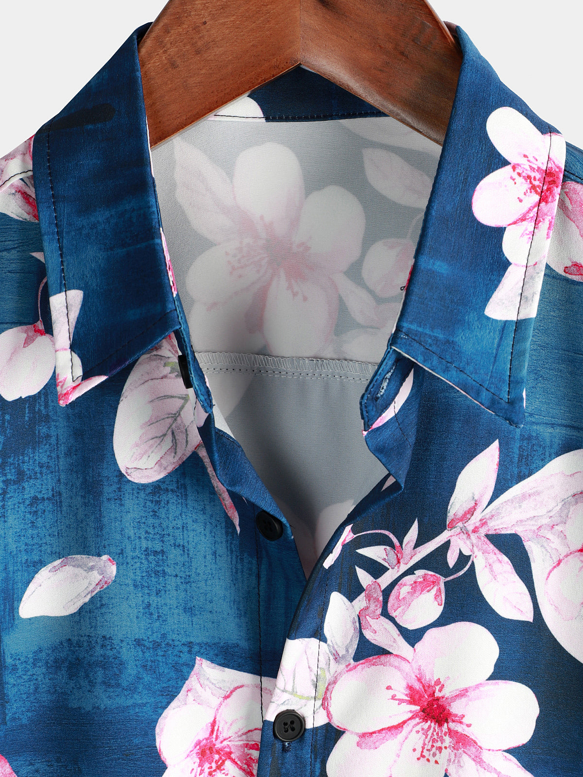 Men's Summer Button-Up Floral Print Shirt, Casual Collar, Navy Blue, Short Sleeves