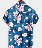 Men's Summer Button-Up Floral Print Shirt, Casual Collar, Navy Blue, Short Sleeves