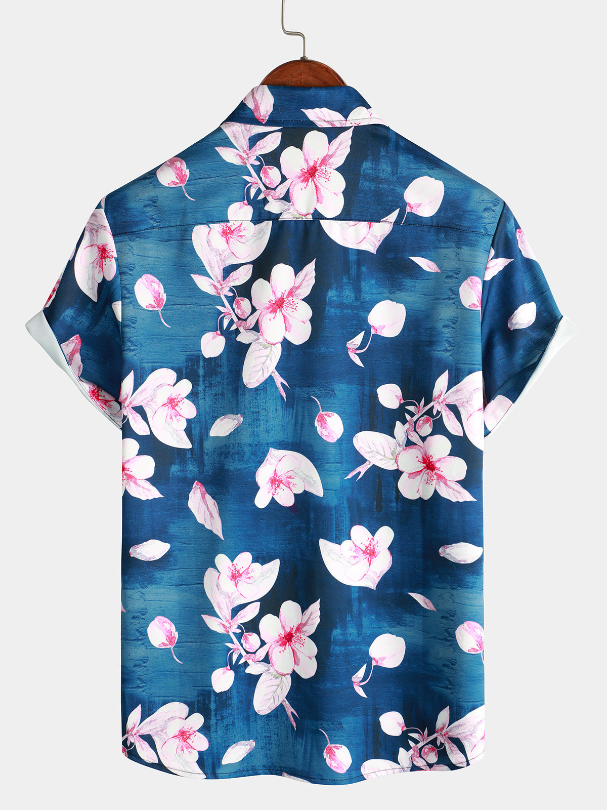 Men's Summer Button-Up Floral Print Shirt, Casual Collar, Navy Blue, Short Sleeves