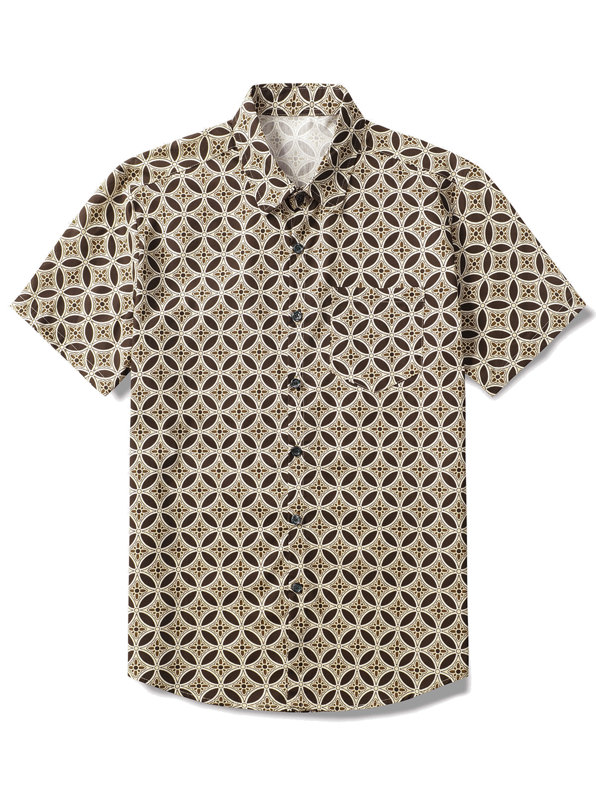 Khaki Short-Sleeved Shirt with Geometric Floral Pocket for Men