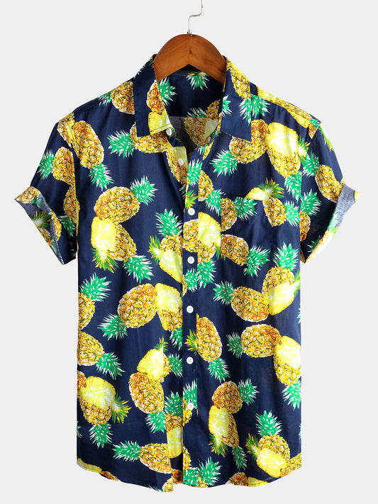 Short-Sleeved Pineapple Cotton Shirts for Men