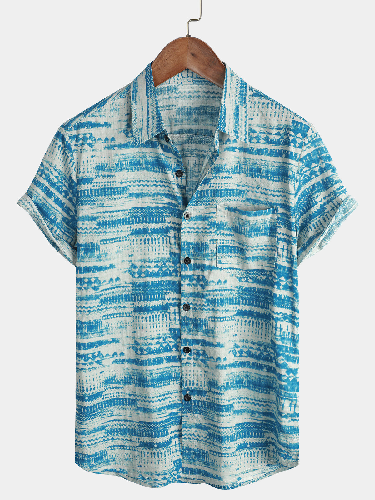 Men's Abstract Blue Watercolour Print Short Sleeve Shirt