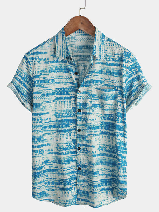 Men's Abstract Blue Watercolour Print Short Sleeve Shirt