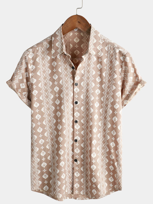 Vintage Brown Striped Short Sleeve 70s Retro Cotton Shirt for Men