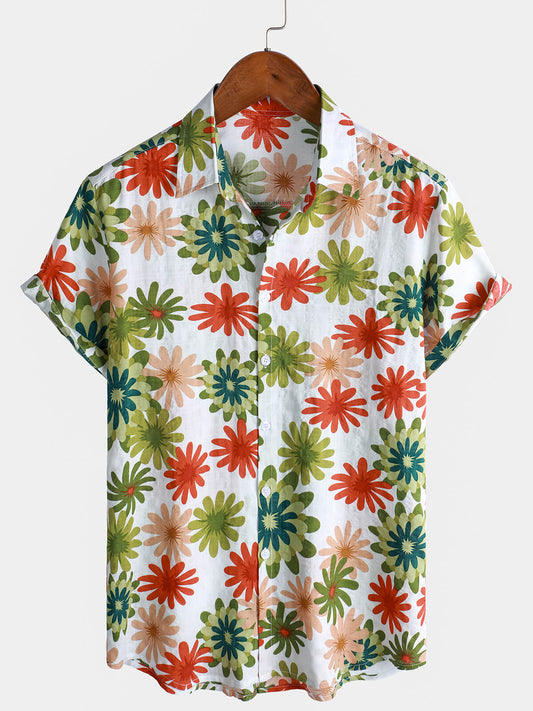 Short-Sleeved Button-Up Shirt with Floral Print for Men