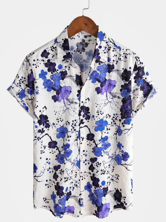 Retro Blue Short-Sleeve Shirt for Men, Summer Holiday Pattern