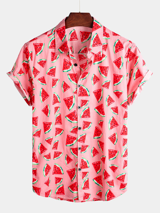 Men's Short Sleeve Cotton Hawaiian Watermelon Summer Shirt