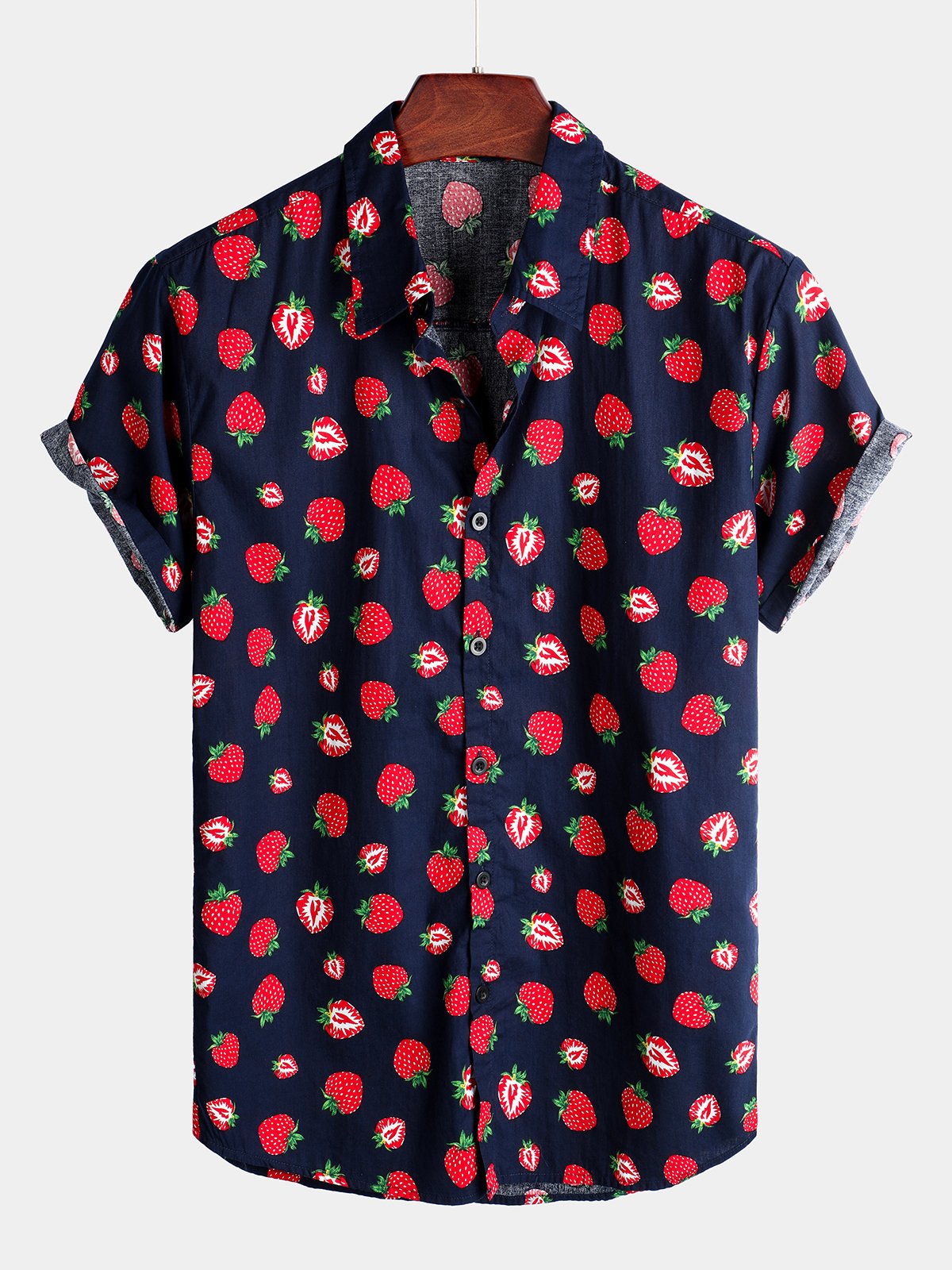 Men's Short-Sleeve Button-Up Hawaiian Shirt in Cotton with Strawberry and Fruit Print