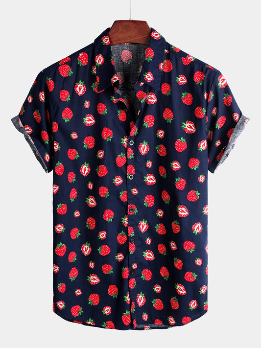 Men's Short-Sleeve Button-Up Hawaiian Shirt in Cotton with Strawberry and Fruit Print
