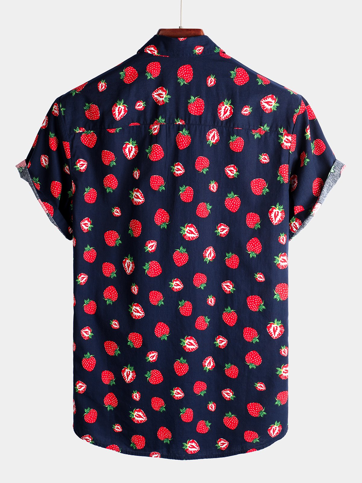 Men's Short-Sleeve Button-Up Hawaiian Shirt in Cotton with Strawberry and Fruit Print