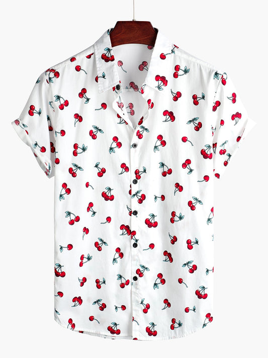 Tropical Hawaiian Beach Shirt in Cherry Floral Print for Men