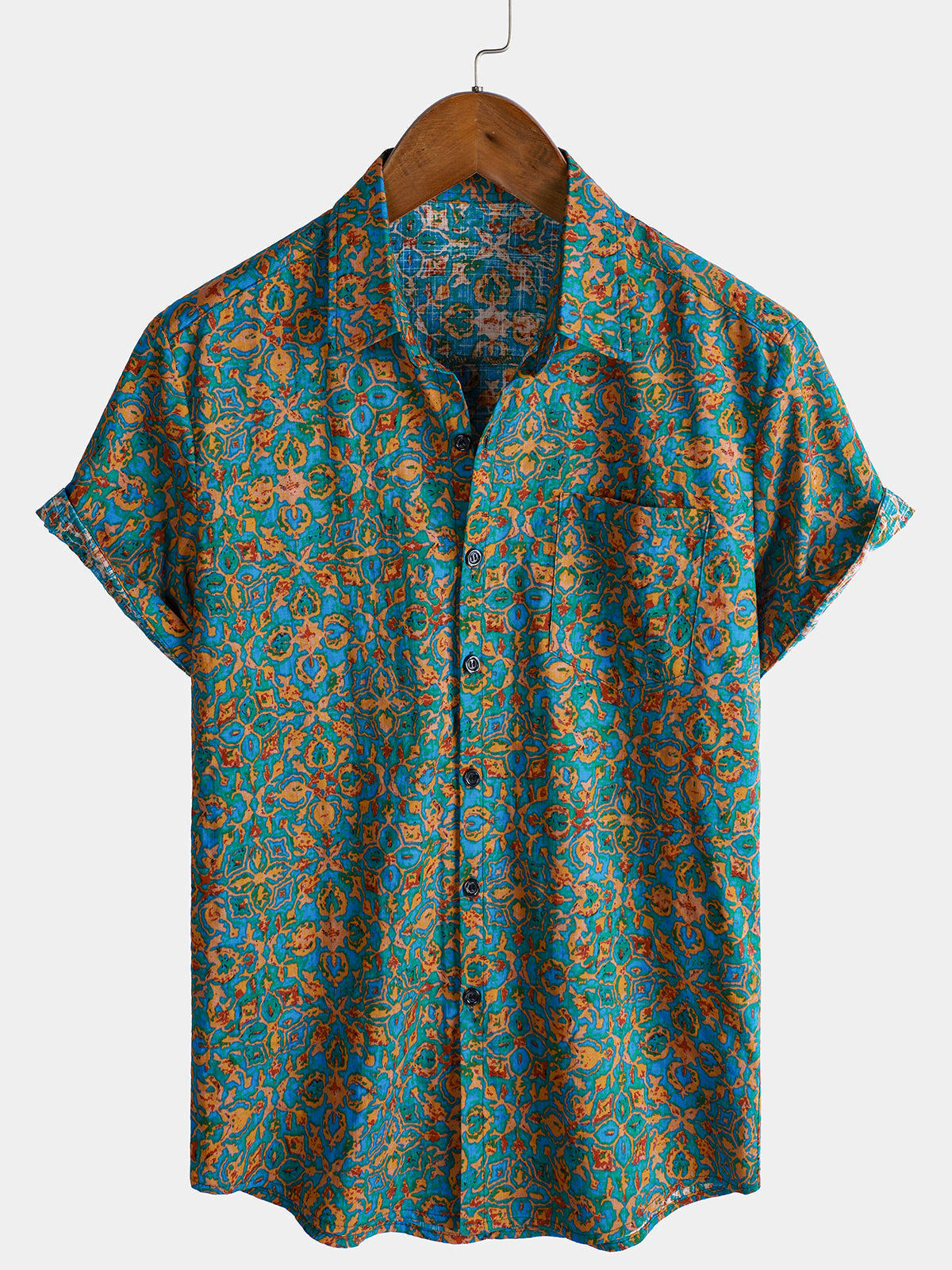 Short-Sleeved Button-Up Shirt for Men, Retro Abstract Style