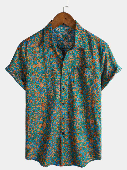 Short-Sleeved Button-Up Shirt for Men, Retro Abstract Style