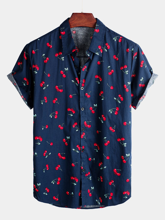 Men's Cherry Floral Print Tropical Cotton Beach Shirt