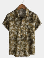 Men's Short Sleeve Casual Shirt with Pocket and Retro Print