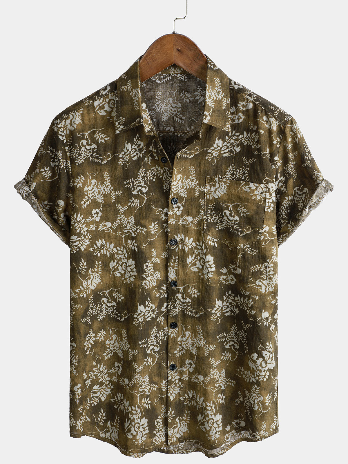 Men's Short Sleeve Casual Shirt with Pocket and Retro Print