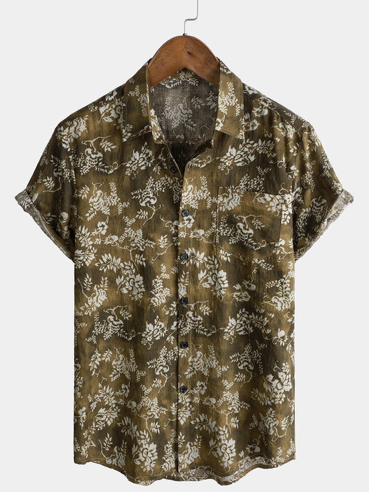 Men's Short Sleeve Casual Shirt with Pocket and Retro Print