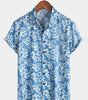 Men's Aloha Resort Short-Sleeve Button-Up Beach Shirt in Cotton with Blue Tropical Plant Leaves