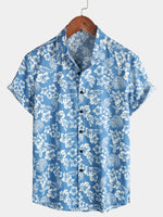 Men's Aloha Resort Short-Sleeve Button-Up Beach Shirt in Cotton with Blue Tropical Plant Leaves