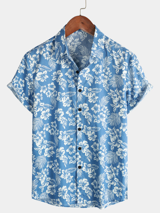 Men's Aloha Resort Short-Sleeve Button-Up Beach Shirt in Cotton with Blue Tropical Plant Leaves