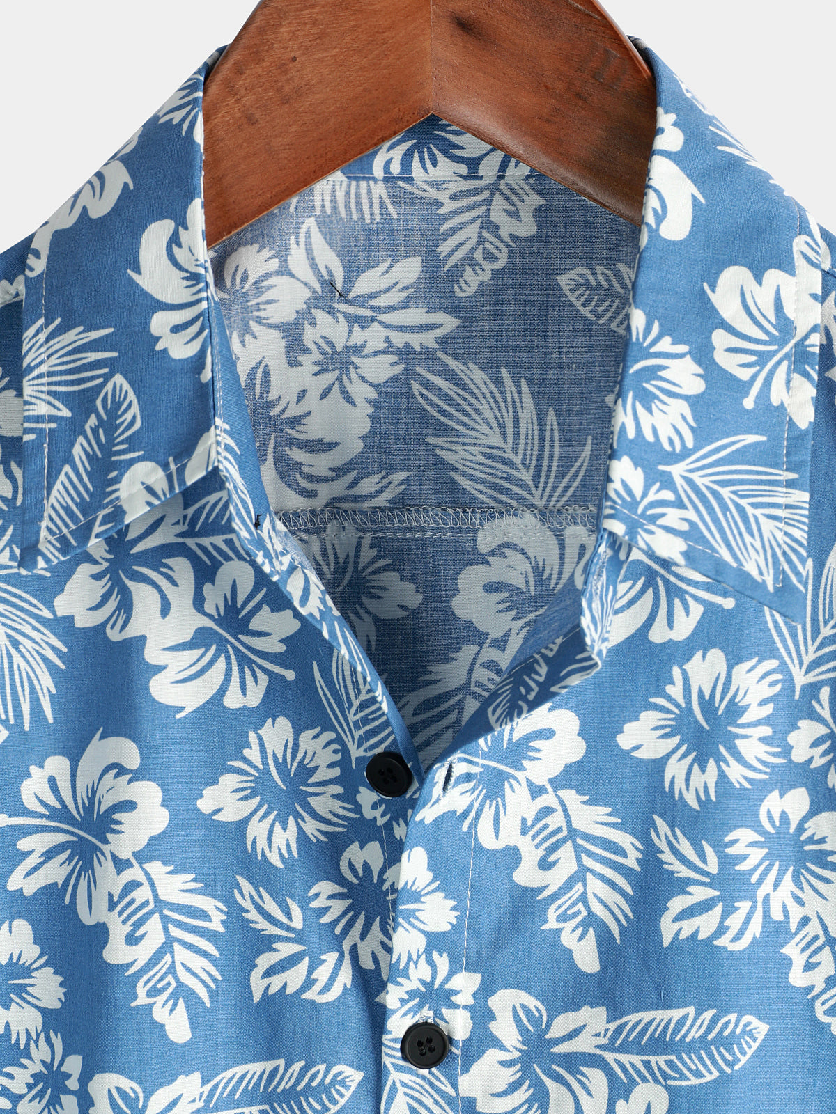 Men's Aloha Resort Short-Sleeve Button-Up Beach Shirt in Cotton with Blue Tropical Plant Leaves