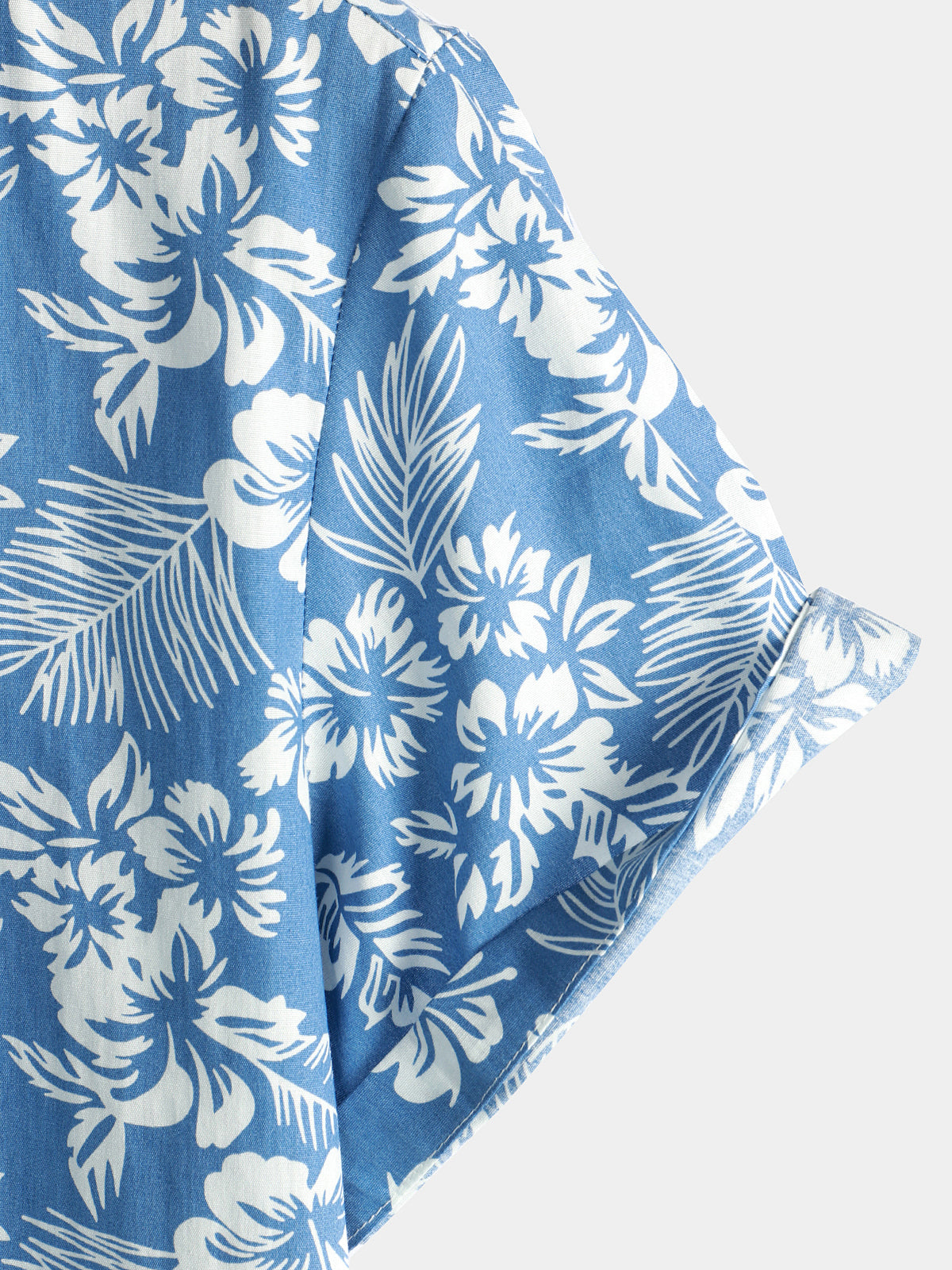Men's Aloha Resort Short-Sleeve Button-Up Beach Shirt in Cotton with Blue Tropical Plant Leaves