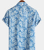 Men's Aloha Resort Short-Sleeve Button-Up Beach Shirt in Cotton with Blue Tropical Plant Leaves