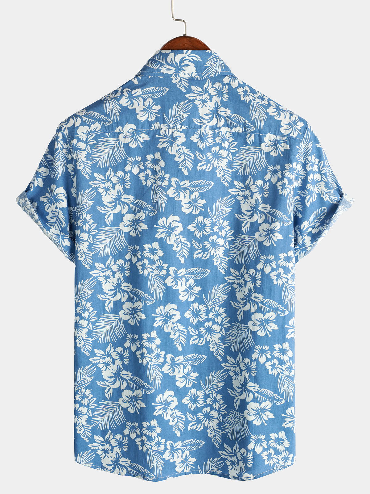 Men's Aloha Resort Short-Sleeve Button-Up Beach Shirt in Cotton with Blue Tropical Plant Leaves