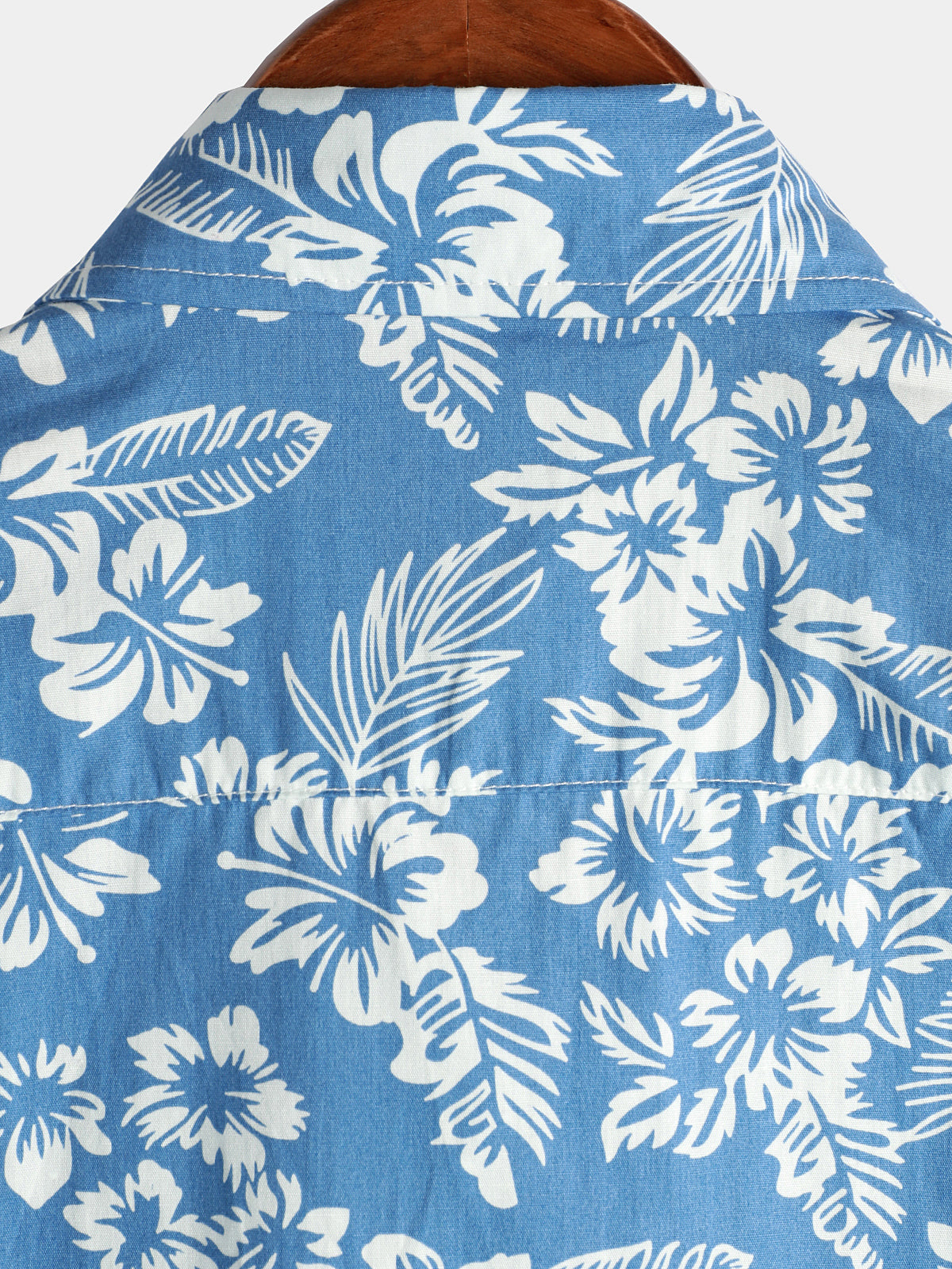 Men's Aloha Resort Short-Sleeve Button-Up Beach Shirt in Cotton with Blue Tropical Plant Leaves