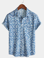 Men's Short Sleeve Summer Shirt with Blue Pockets, Floral Print, for the Beach