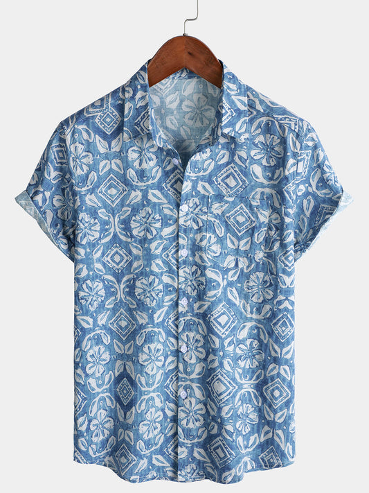 Men's Short Sleeve Summer Shirt with Blue Pockets, Floral Print, for the Beach