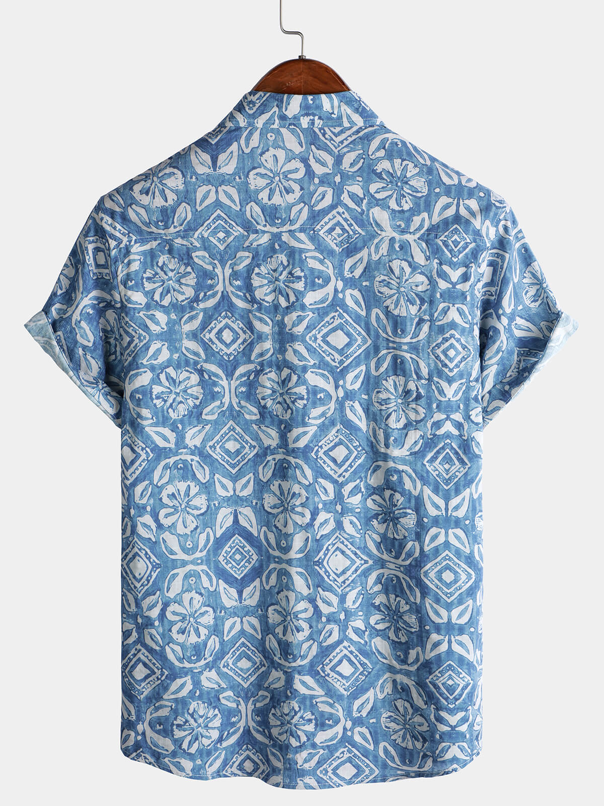 Men's Short Sleeve Summer Shirt with Blue Pockets, Floral Print, for the Beach