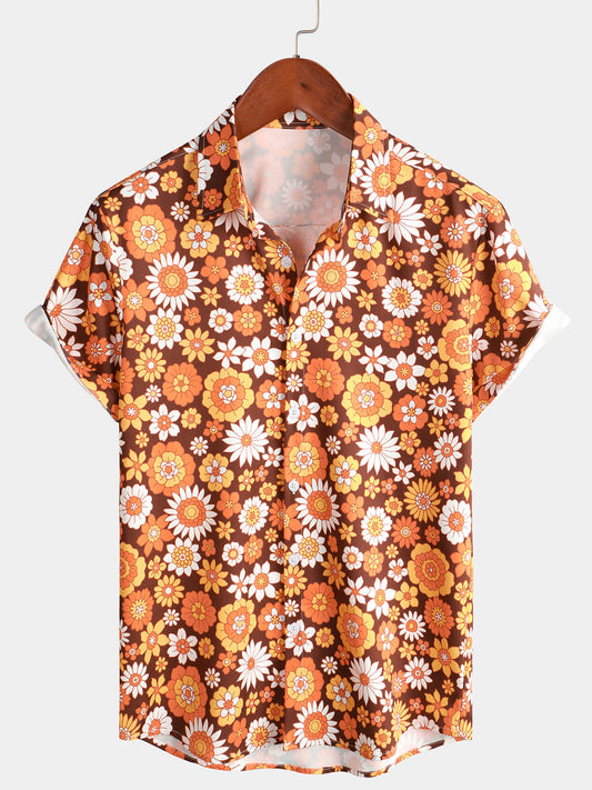 Men's Vintage Floral Button-Up Short Sleeve Beach Disco Summer 70s Retro Hawaiian Shirt