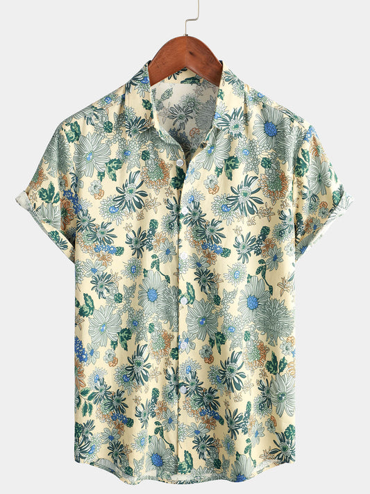 Men's Short Sleeve Vintage Green Floral Print Casual Button-Up Shirt Cool Beach
