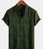 Men's Short-Sleeved Button-Up Shirt, Dark Green Floral Pattern, Vintage Hawaiian, Soft, Beach Holiday