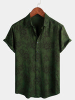 Men's Short-Sleeved Button-Up Shirt, Dark Green Floral Pattern, Vintage Hawaiian, Soft, Beach Holiday