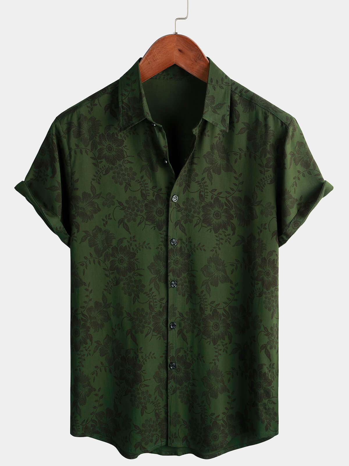 Men's Short-Sleeved Button-Up Shirt, Dark Green Floral Pattern, Vintage Hawaiian, Soft, Beach Holiday