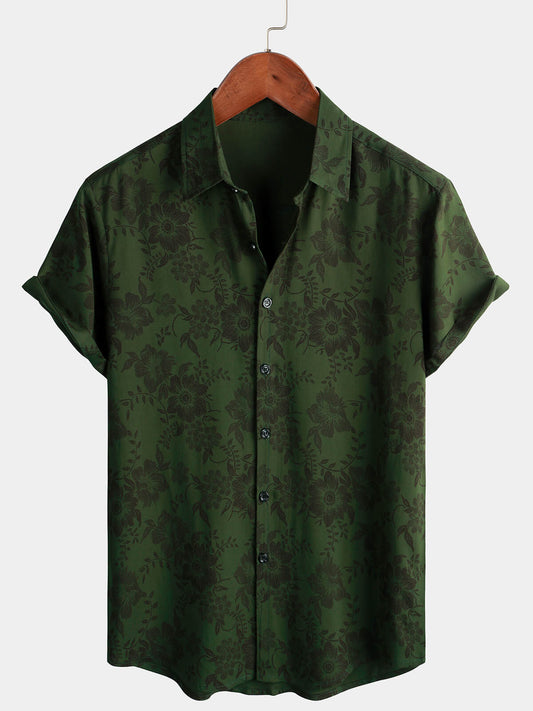 Men's Short-Sleeved Button-Up Shirt, Dark Green Floral Pattern, Vintage Hawaiian, Soft, Beach Holiday