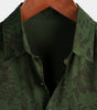 Men's Short-Sleeved Button-Up Shirt, Dark Green Floral Pattern, Vintage Hawaiian, Soft, Beach Holiday