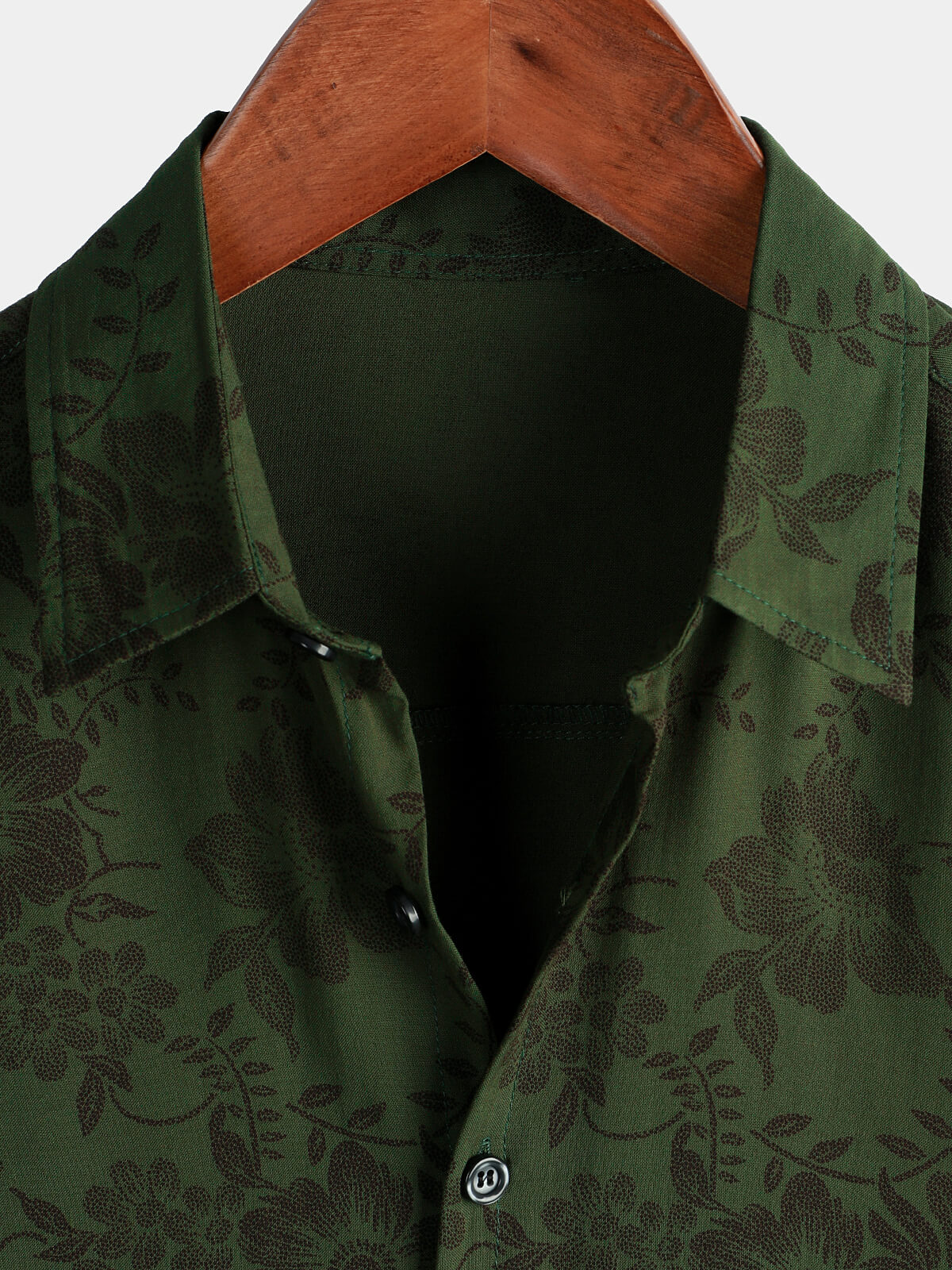 Men's Short-Sleeved Button-Up Shirt, Dark Green Floral Pattern, Vintage Hawaiian, Soft, Beach Holiday