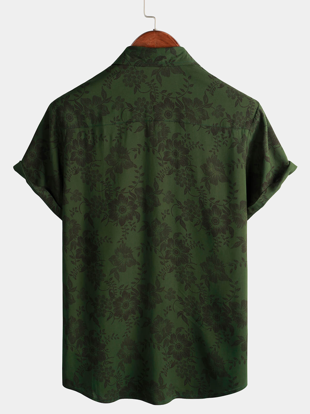 Men's Short-Sleeved Button-Up Shirt, Dark Green Floral Pattern, Vintage Hawaiian, Soft, Beach Holiday