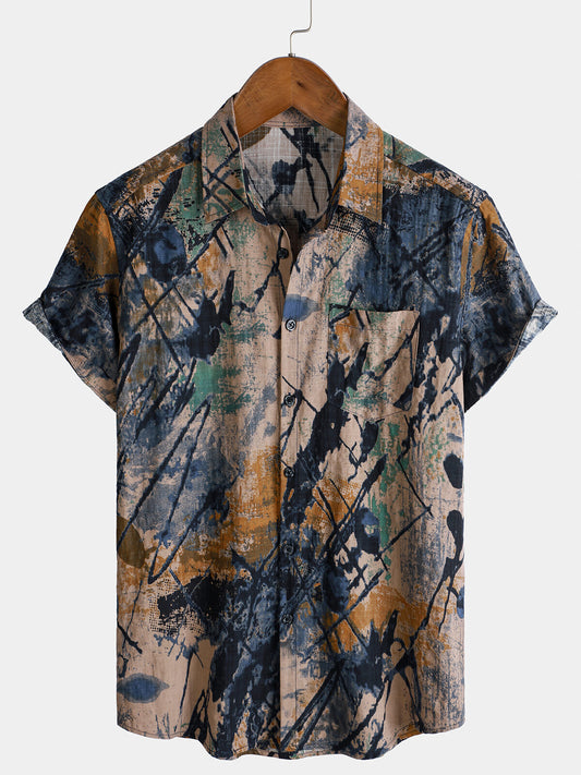 Men's Short-Sleeved Button-Up Shirt, Abstract Pattern, Perfect for Holidays, Summer