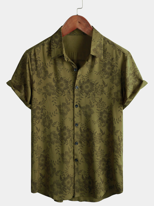 Vintage Green Floral Short-Sleeved Button-Up Shirt for Men