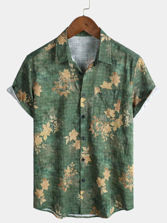 Short-Sleeved Beach Shirt with Vintage Floral Print Pocket for Men